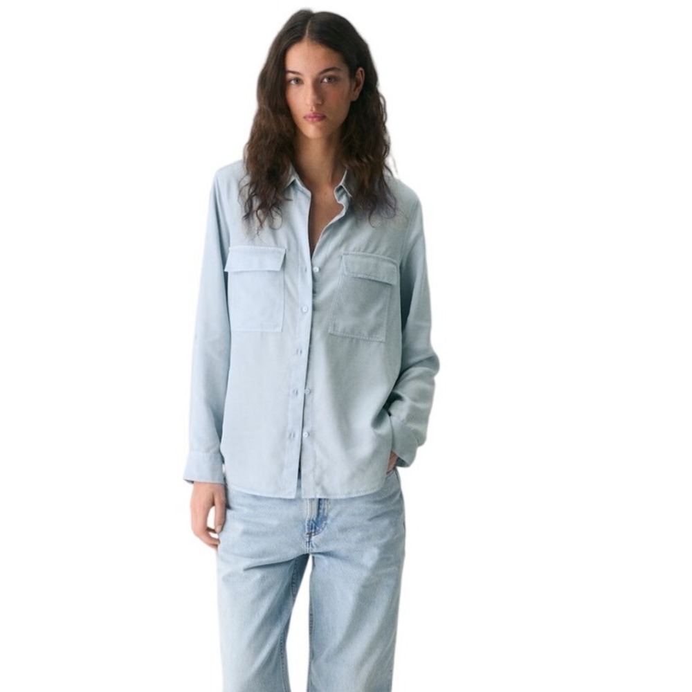 Aritzia Babaton Utility Shirt S Light Blue TENCEL Lyocell Button Up Roll Tab